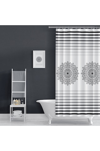Siyah Çizgili Banyo Perdesi, 180x200cm Tek Kanat Duş Perdesi Beyaz - Siyah
