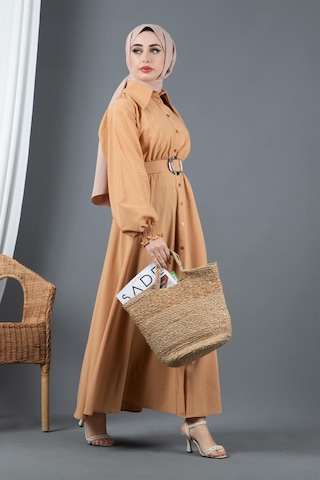Sevitli Kemer Detaylı Elinna Elbise-camel-1568-camel Camel