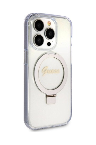 Apple Uyumlu iPhone 15 Pro Max Kılıf Guess Lisanslı Magsafe Özellikli Simli Ring Standlı