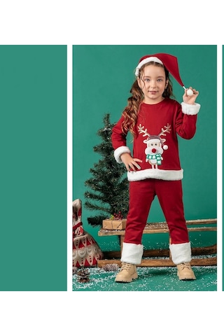 Unisex Çocuk Yılbaşı Christmas Noel Temalı Geyik Model Kapüşonlu 3 İp Şardonlu 3 Parça Alt Üst Takım Kırmızı