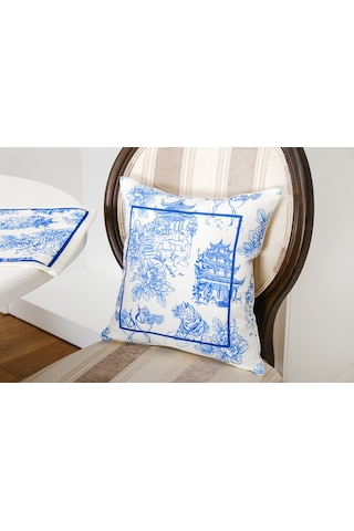 Finezza Festival Baskılı Kumaş Kreme Mavi Kırlent Kılıfı 45x45 cm - 1439