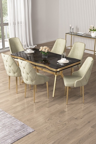 Canisa Vae Serisi 90x160 Lak Panel Antrasit Ironi Gold Ayak Masa Takımı 6 Krem Sandalye Antrasit İroni Masa Krem Sandalye Ayaklar Gold