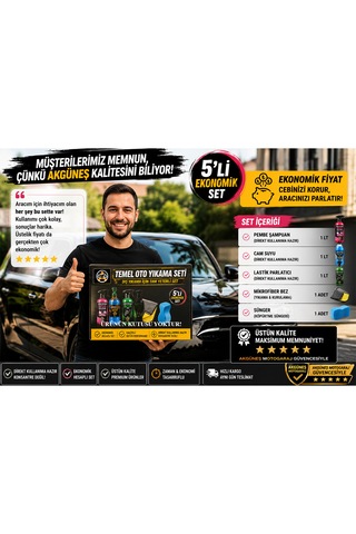 Akgüneş Motogaraj Temel Oto Yıkama Seti 5'li 1 Lt Kullanıma Hazır Pembe Araç Şampuanı + 1 Lt Cam Suyu + 1 Lt Lastik Parlatıcı + Mikrofiber Bez + Sünger Yerli Üretim Ekonomik Araç Bakım Seti