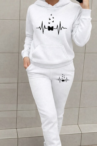 Heart Rhytym Love Baskılı Kapüşonlu Sweatshirt Ve Eşofman Altı Eşofman Takımı Beyaz