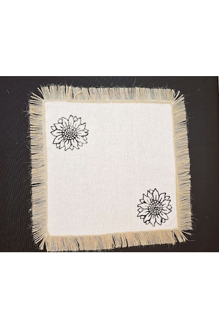 %100 Pamuklu Ham Keten Hasır Püsküllü Ayçiçek Taş Baskılı 6' Li Amerikan Servisi Supla Kare 42 Cm Naturel