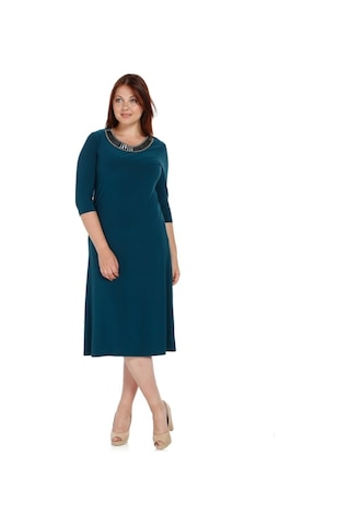 Nidya Moda Büyük Beden Hazır Yakalı Elbise-4079P Petrol