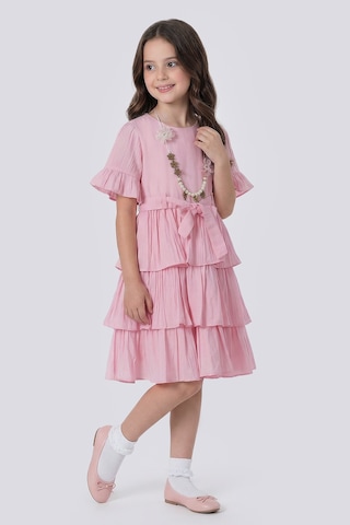 Kız Çocuk Eteği Katlı Kısa Kollu Kolyeli Elbise Pembe