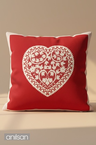 Kalp Desenli Çift Taraflı Kırlent Kılıfı - 45x45 Cm Yılbaşı Dekoratif Kırmızı - Beyaz