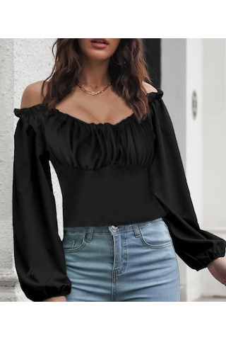Soonaksesuar Kadın Uzun Kollu Kare Yaka Göğüs Büzgü Detay Sandy Bluz Siyah