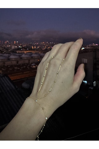 Top Zincir Ve Taşlı Gümüş Şahmeran Bileklik Trend Gümüş Aksesuar - Gold Renk Altın