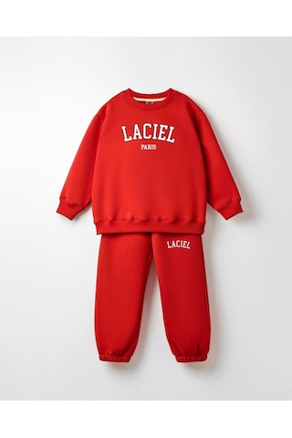Çocuk Slogan Desenli Pamuklu Sweatshirt Eşofman Tayt Alt-üst Takım Kırmızı