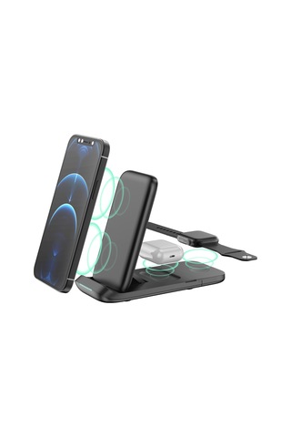 Dofolink 15w Folding 3-in-1 Kablosuz Şarj Cihazı - Telefon, Saat Ve Kulaklık İçin Simultane Şarj - Siyah