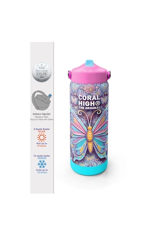 Coral High Pastel Renkli Kelebek Desenli Katlanır Ağızlıklı Çelik Termos 650 Ml 38306 Pastel
