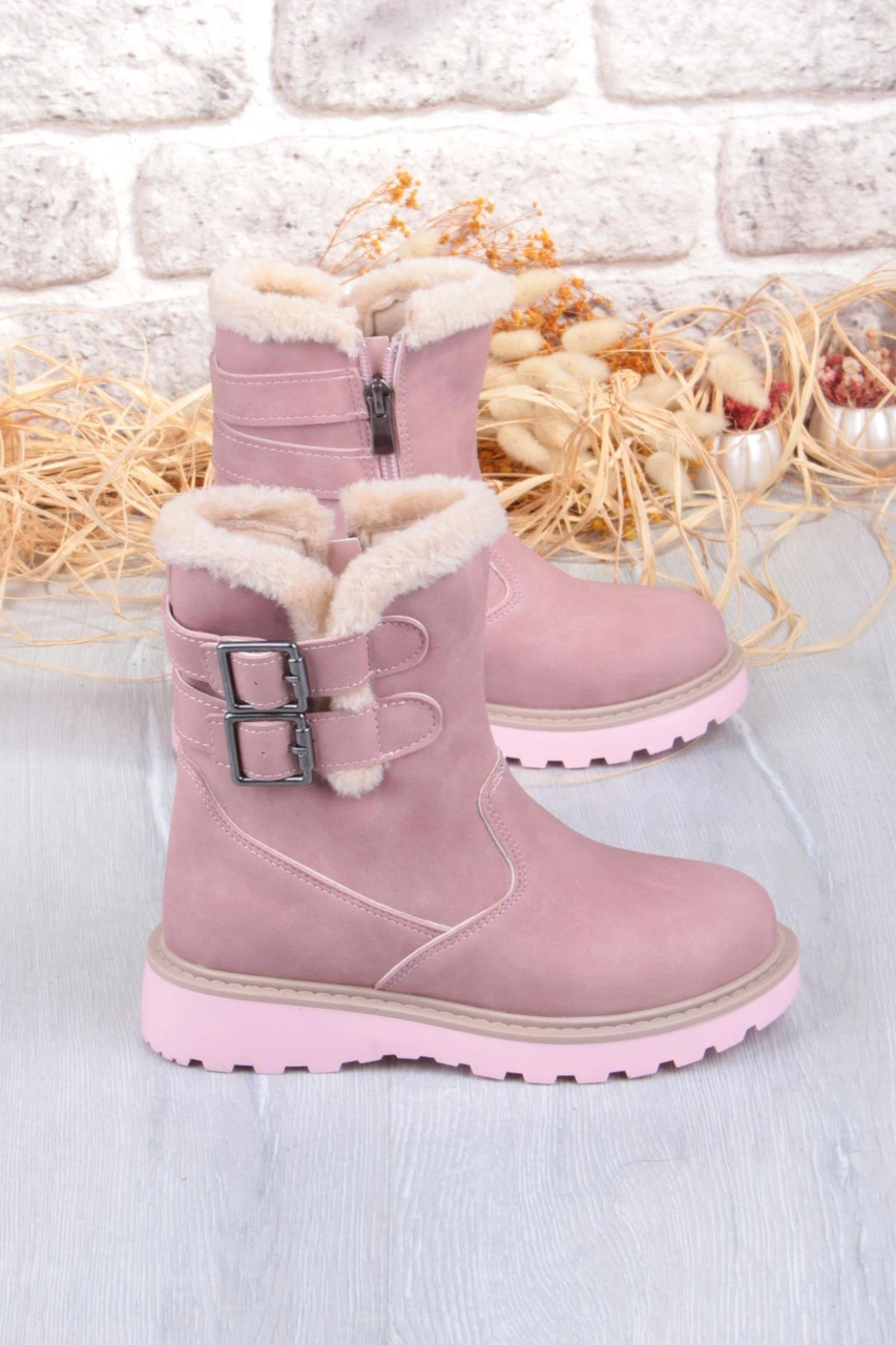 Fort Cool Buckle Anatomik Sıcak Astar Kaymaz Taban Kız Çocuk Çizme Pudra