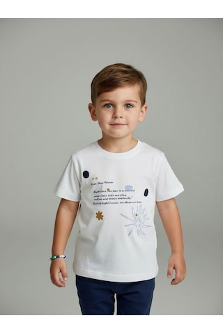 Zekids Erkek Bebek Pamuklu Baskılı T-shirt-16931 Beyaz