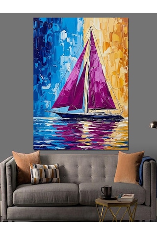 Ahşap Tablo Denizde Yelkenli Mor Yelken Tablo Çocuk Odası Tabloları