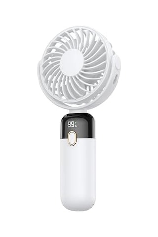 K70 Taşınabilir Şarjlı El Vantilatörü 2400mah 360 Döner Başlıklı Standlı Dijital Ekranlı Soğutucu Fan Beyaz Acı Kahverengi