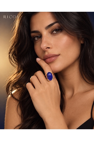 Riody Regard Bleu Gold Kaplama Mavi Kedi Gözü Doğal Taşlı Ayarlanabilir Kadın Yüzük Altın - Mavi
