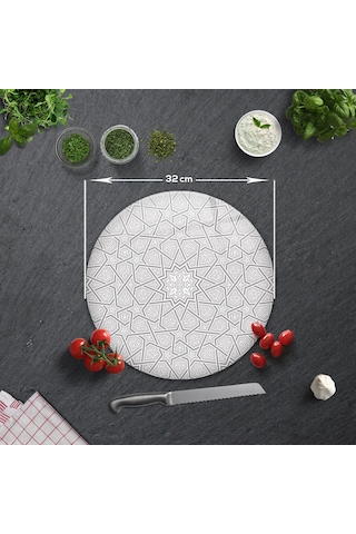 Selçuklu Motifi Desenli Cam Kesme Tahtası Çap32cm