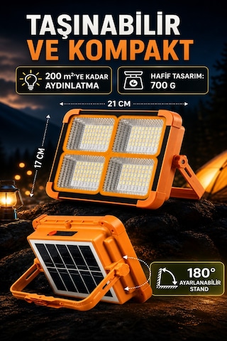 Astec Solar Şarjlı Led Projektör Powerbank Özellikli Ip66 Kamp Acil Durum Çakarlı Premium