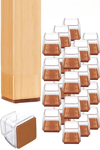 24 Adet Kare Sandalye Pabucu 3.3x3.3 Cm Şeffaf Silikon Keçeli Ayak Koruyucu