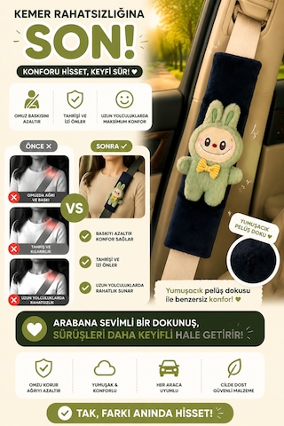 Labubu Yeşil Emniyet Kemeri Aksesuarı - Emniyet Kemeri Kılıfı-araç Emniyet Kemeri Omuz Koruyucu 1 Adet