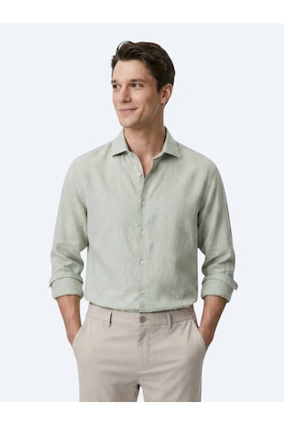 Kip Yeşil Regular Fit Uzun Dokuma Casual Pamuk Karışımlı Gömlek