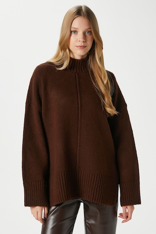 Ritnice Kadın Wonder Yumuşacık Dik Yaka Kahverengi Yırtmaçlı Oversize Triko Kazak Kahverengi