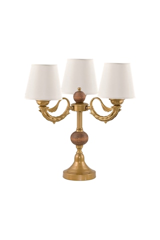 Üçlü Şamdan Masa Lambası Abajur Eskitme Krem Rengi Şapkalı Eskitme