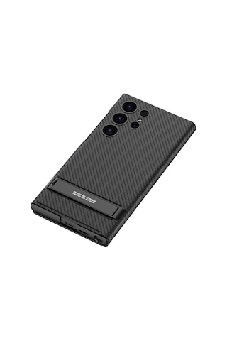 Galaxy Uyumlu S24 Ultra Kılıf Kamera Korumalı Karbon Tasarım Droga Standlı Kartlıklı Kapaklı Kılıf-siy