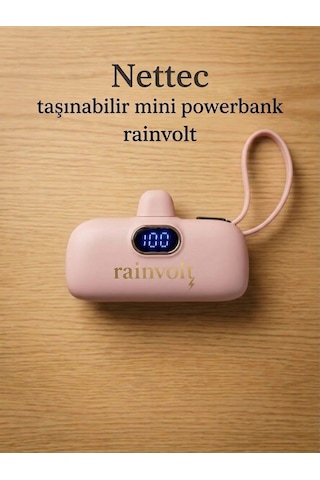 Rainvolt Mini Kapsül Powerbank Led Dijital Göstergeli & Dahili Kablolu Taşınabilir Şarj Cihazı Pembe