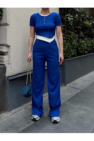 Düğme Yakalı Saks Alt Üst Takım S3943 Saks