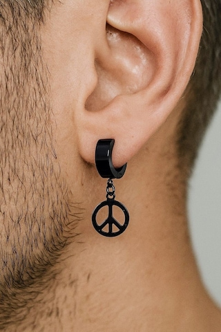 Barış Sembolü Şekilli Unisex Deliksiz Kulaklara Sıkıştırmalı Siyah Çelik Küpe Siyah