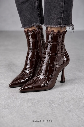Dabab Shoes Carmen Kadın Acı Kahve Kroko Rugan Sivri Burun Fermuarlı Sıcak Astarlı 7 Cm İnce Topuklu Bot Bootie Kahverengi