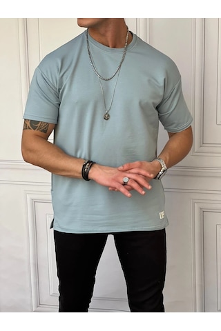 Modefendi Pamuk Likra Yırtmaç Detaylı 2 İplik Oversize Tshirt Mavi