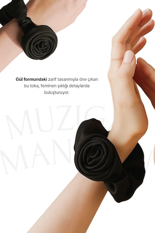 Gül Detaylı Siyah Saten Saç Tokası Muzıgae Mansıon Hair Band Siyah