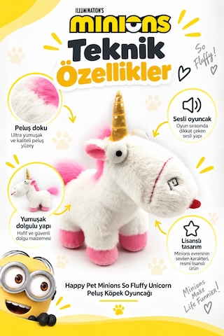 Happy Pet Minions So Fluffy Unicorn Lisanslı Peluş Köpek Oyuncağı