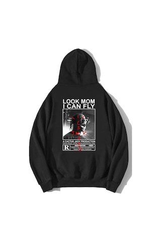 Brz Collection Unisex Oversize Arka Baskılı Look Mom I Can Fly Hoodie Siyah