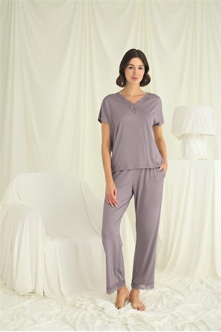 Aria's Closet Aesco Kısa Kollu V Yakalı Dantelli Pijama Takımı Karışık-çok Renkli