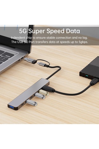 Mufunye Alüminyum Kasa 7-in-1 Usb Hub: Usb3.0 5gbps + 4xusb2.0 + Pd 5w + Usb-c Çevirici, Gri Renk