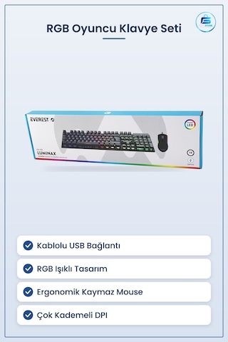 Kablolu Rgb Oyuncu Klavye Mouse Seti Siyah Usb Bağlantılı Işıklı Optik