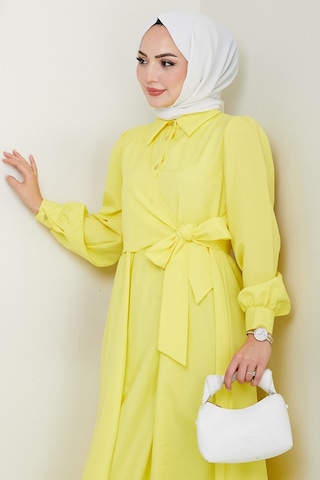 Bestenur Reyel Çapraz Bağlamalı Elbise 1464 - Sarı Sarı