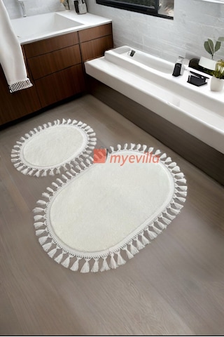 My Evilla Modern Simirna Dekoratif Peluş Oval 60x100-50x60 Ponpon Saçaklı Klozet Takımı