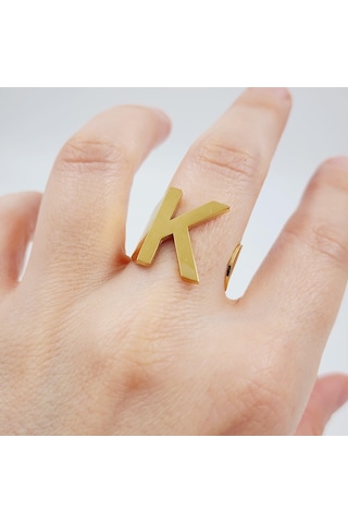 Çelik Gold Düz Kesim Harf Yüzük -k Harfi- Ayarlı Ölçü-1896