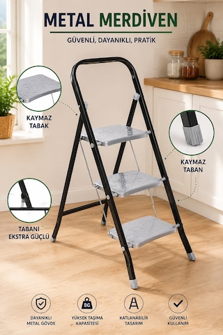 Perilla Class 3 Basamaklı Kaymaz Tabanlı Katlanır Metal Merdiven - Ekstra Güçlü 3 Basamak