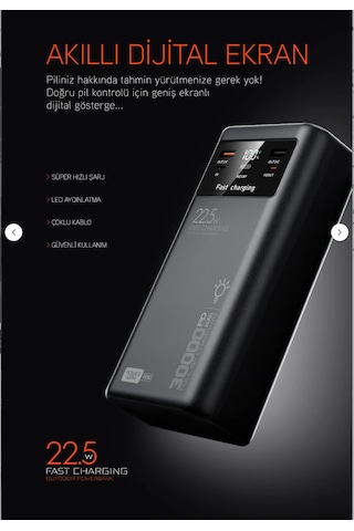 30.000 Mah 22.5w Kamp Powerbank Çift Led Fenerli Hızlı Şarj Pd30 siyah