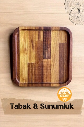 El Yapımı Iroko Ağacı Ahşap Tabak & Sunumluk 28x28 Cm