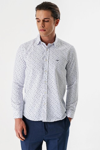 İmza Beyaz Uzun Kollu Baskılı Bez Ayağı Düğmeli Yaka Cepsiz Pamuklu Slim Fit Gömlek 1004235170 Duman Beyaz