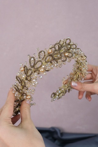 FdayAksesuar Gelinlere Özel Bakır Renk Kristal Ve Kum Boncuklu Gelin Saç Ve Türban Aksesuarı FRDY31534