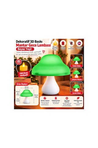 Dekoratif 3d Baskı Mantar Gece Lambası - Pilli Mum Hediyeli - Yeşil Beyaz